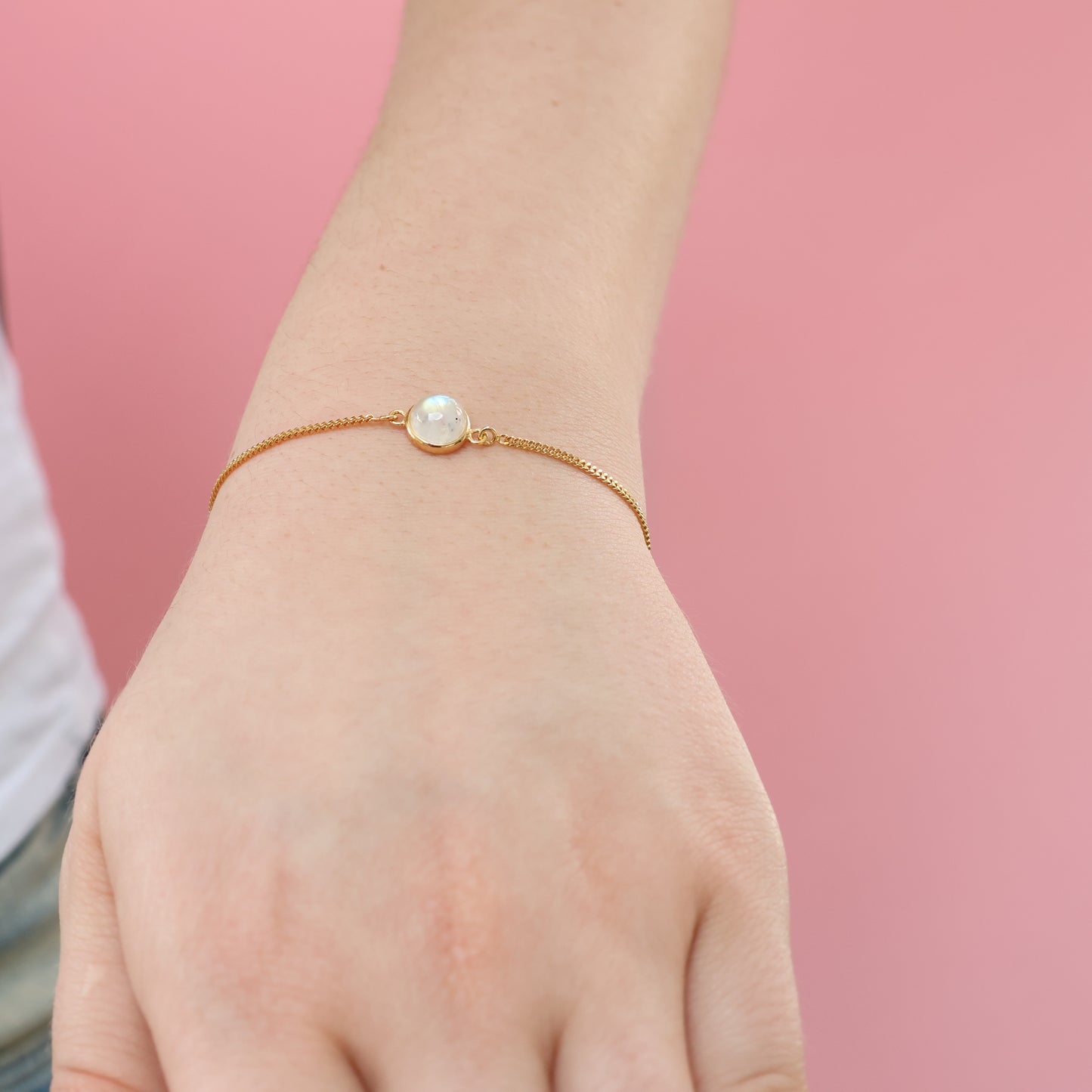 Gold Plated Silver Bracelet with Round Moonstone