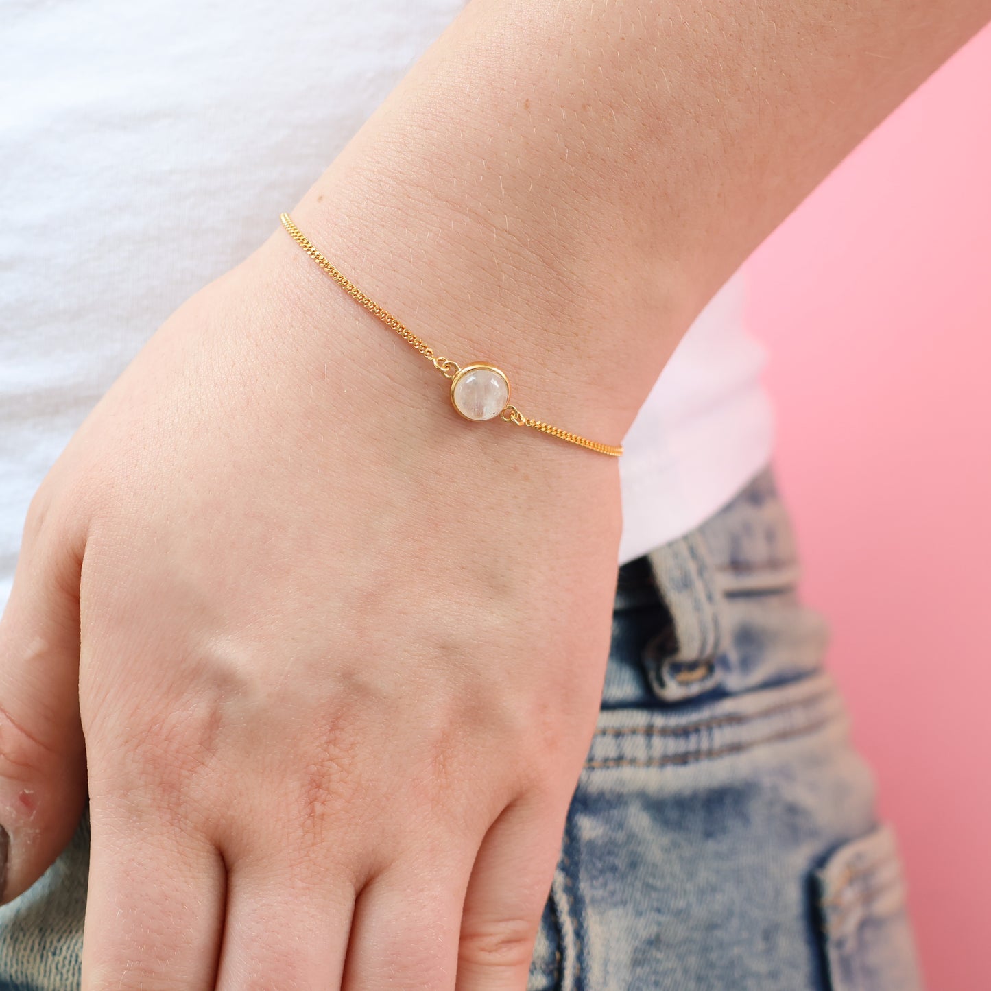 Gold Plated Silver Bracelet with Round Moonstone