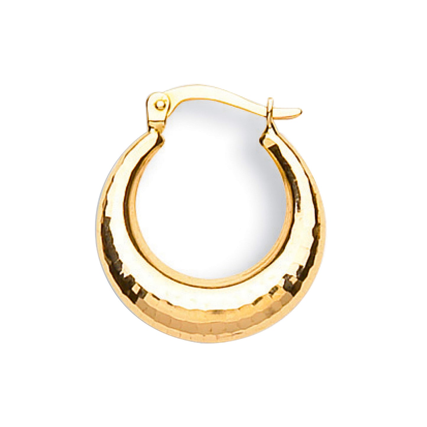 Stylish diamond cut gold creoles earrings with a shiny hammered finish for elegant looks