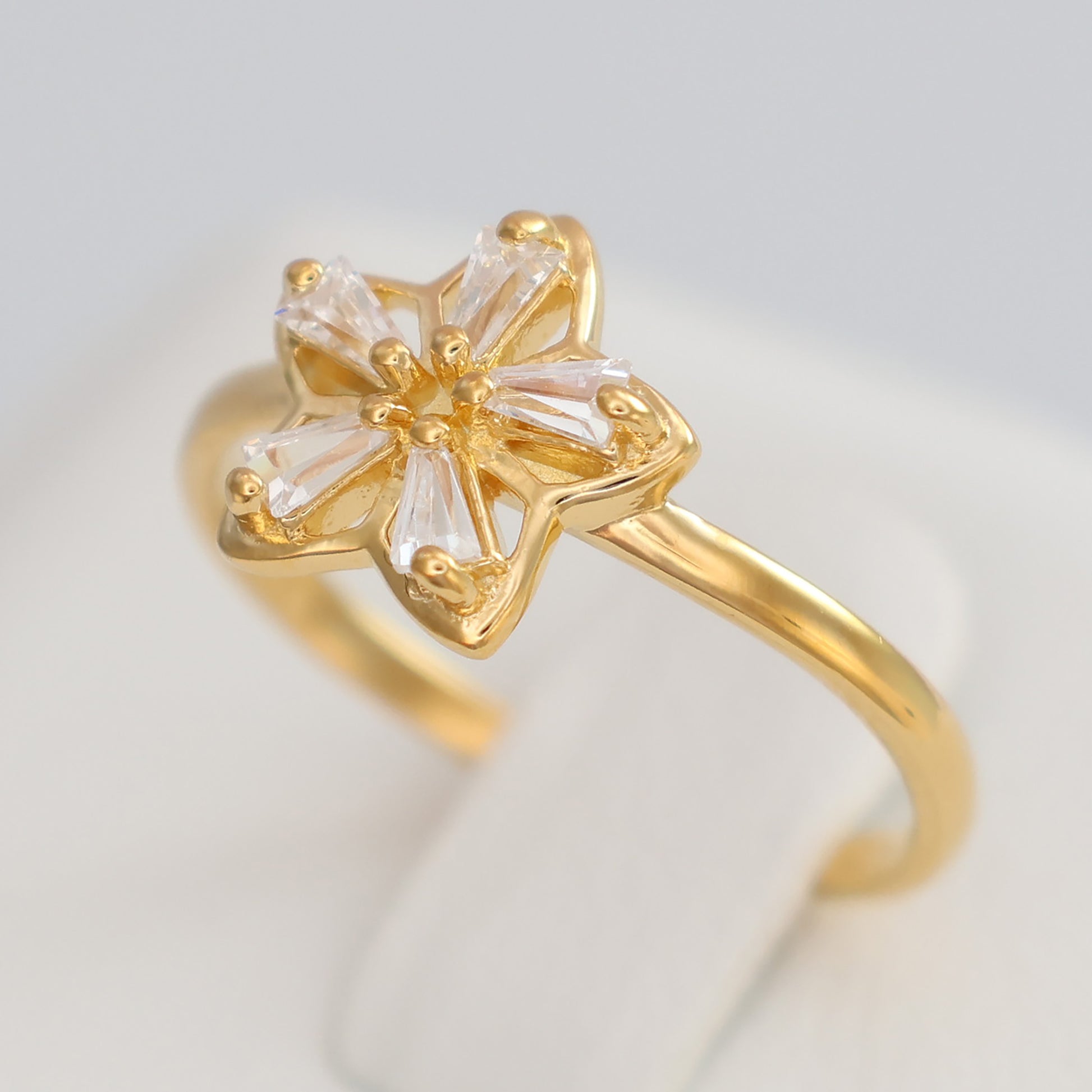 Elegant flower design gold plated ring featuring sparkling gemstones for a chic look
