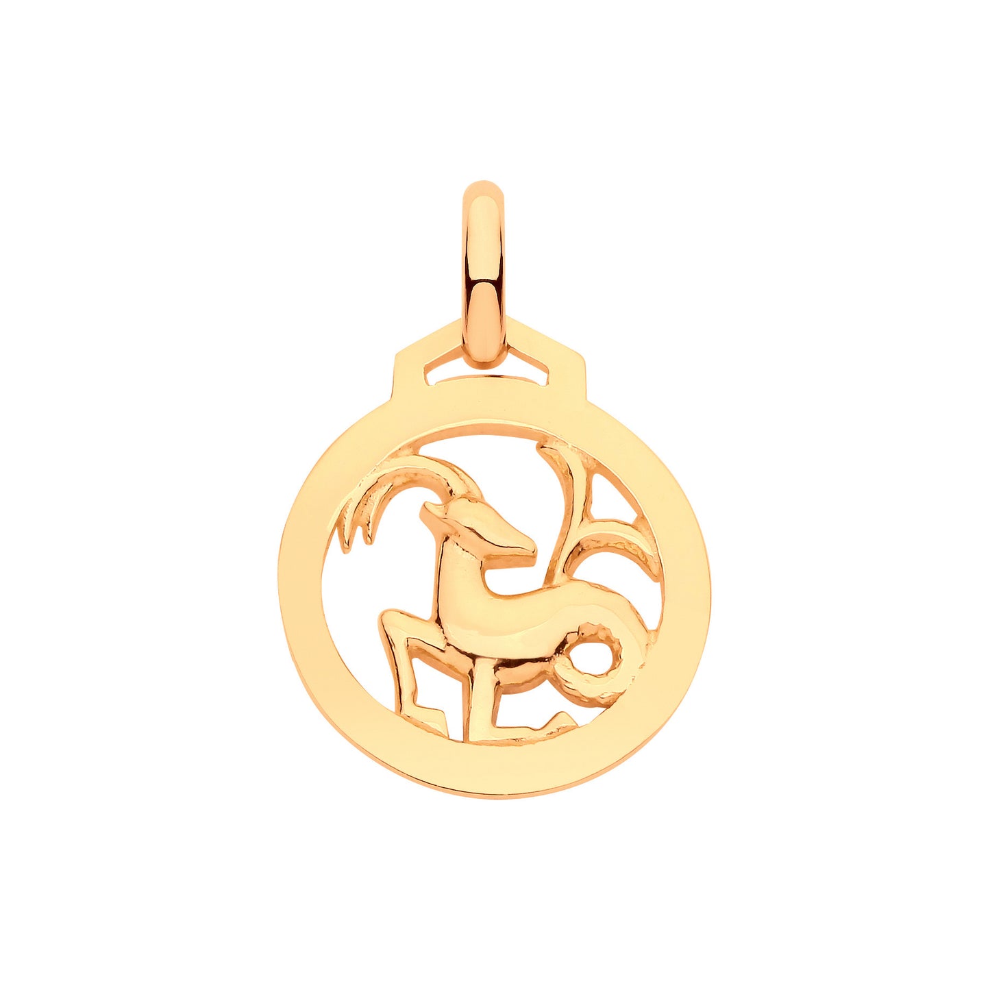 Gold zodiac sign pendant necklace featuring a Capricorn design in a circular shape