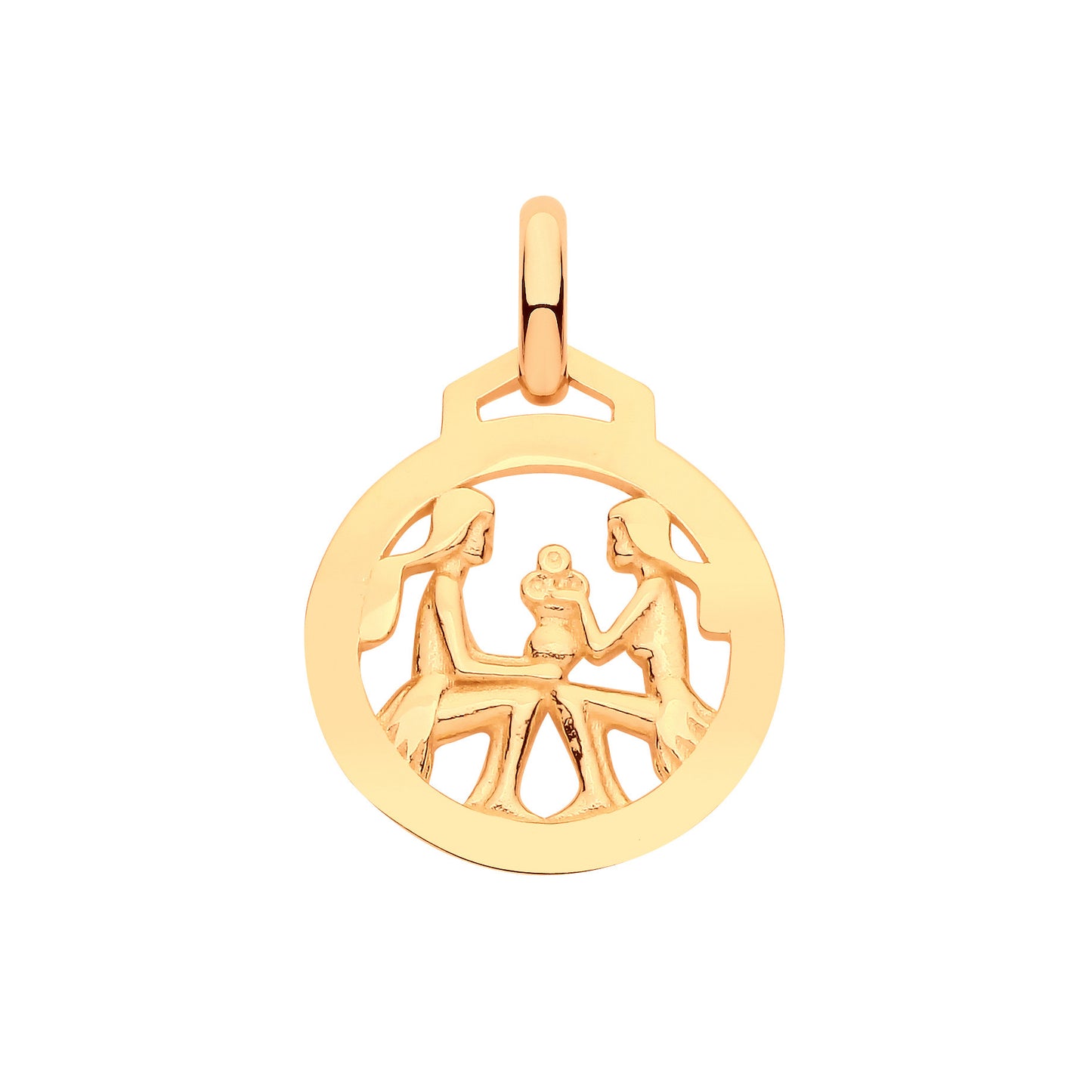 Gold zodiac sign pendant necklace featuring the Gemini design in a circular shape