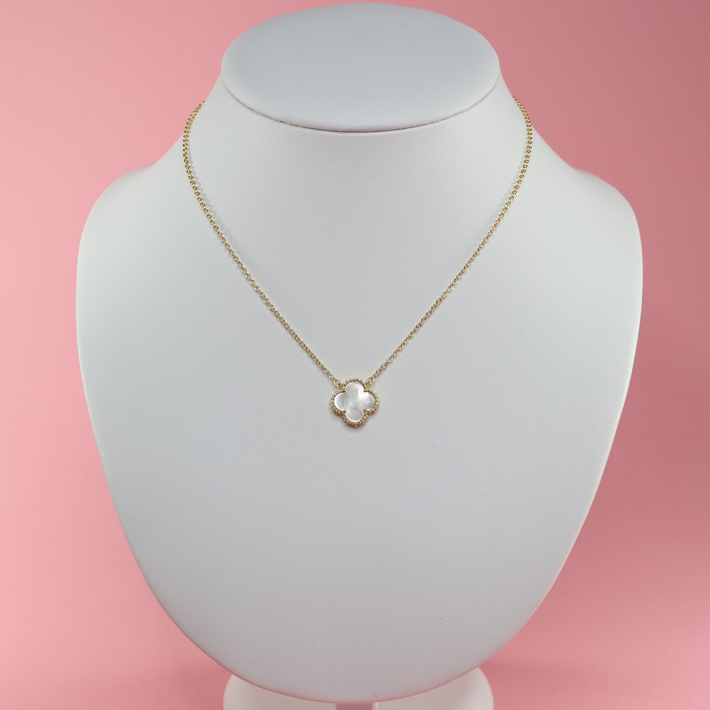 Elegant Mother of Pearl Clover Necklace on a delicate gold chain for a timeless look