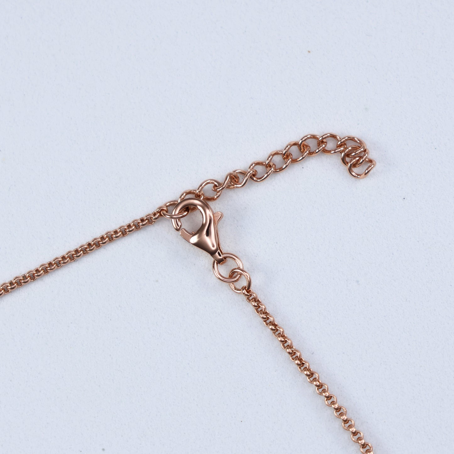 Close-up of a rose gold double hoop pendant necklace clasp and chain detailing