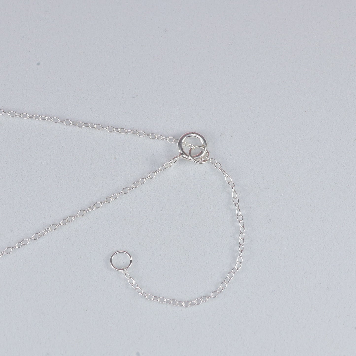 Close-up of a silver circle pendant necklace chain with a secure clasp design