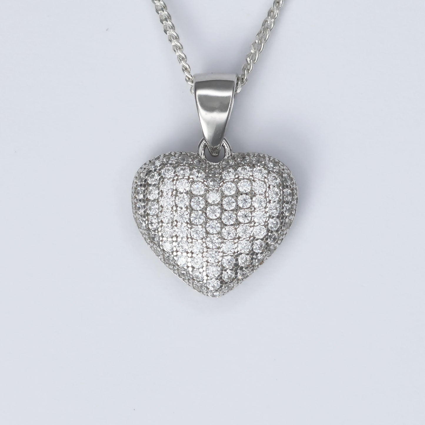 Silver Heart Pendant Necklace with a Sparkling Micro-Pave Design on a Delicate Chain