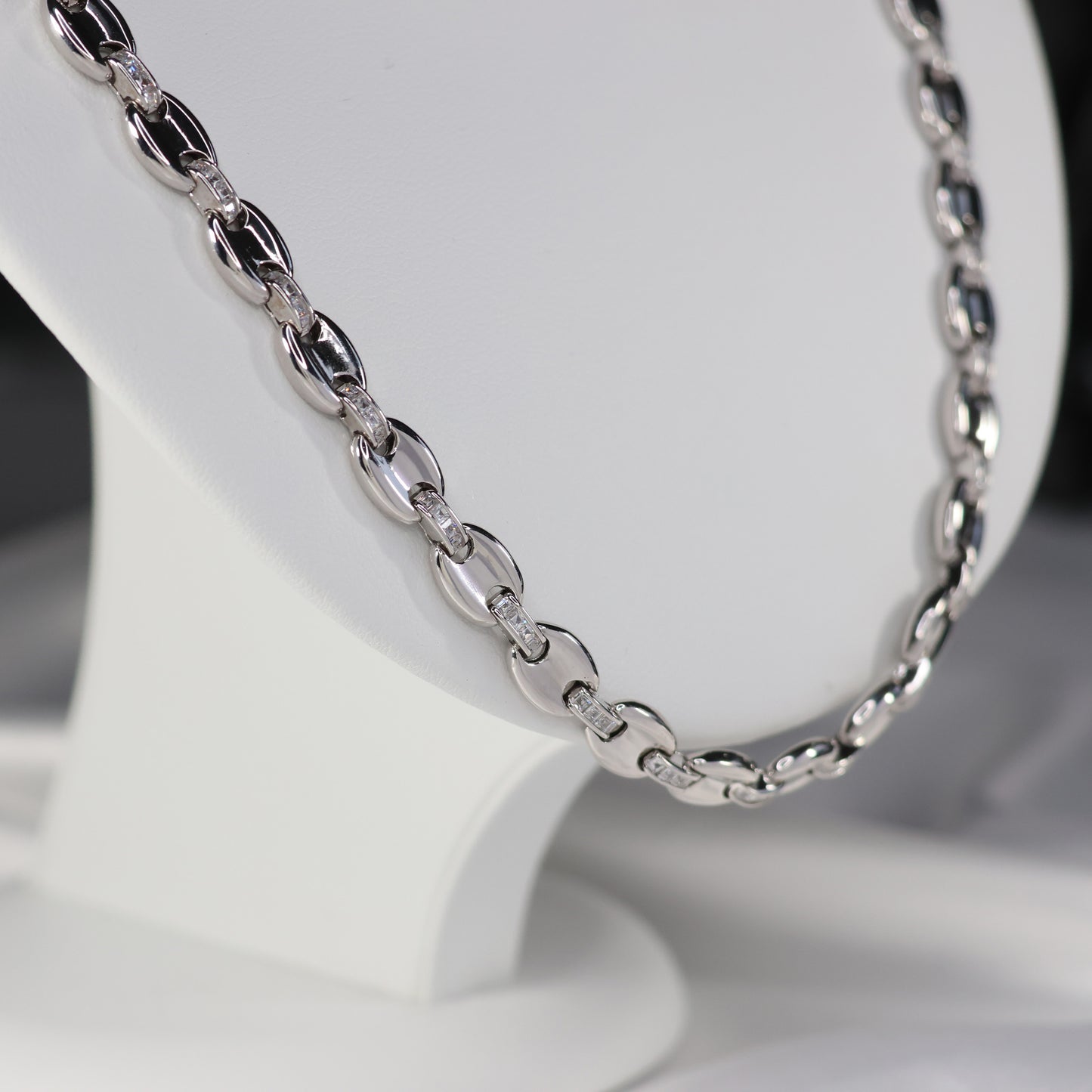Silver Mariner Chain Necklace displayed on a white bust for elegant jewelry presentation