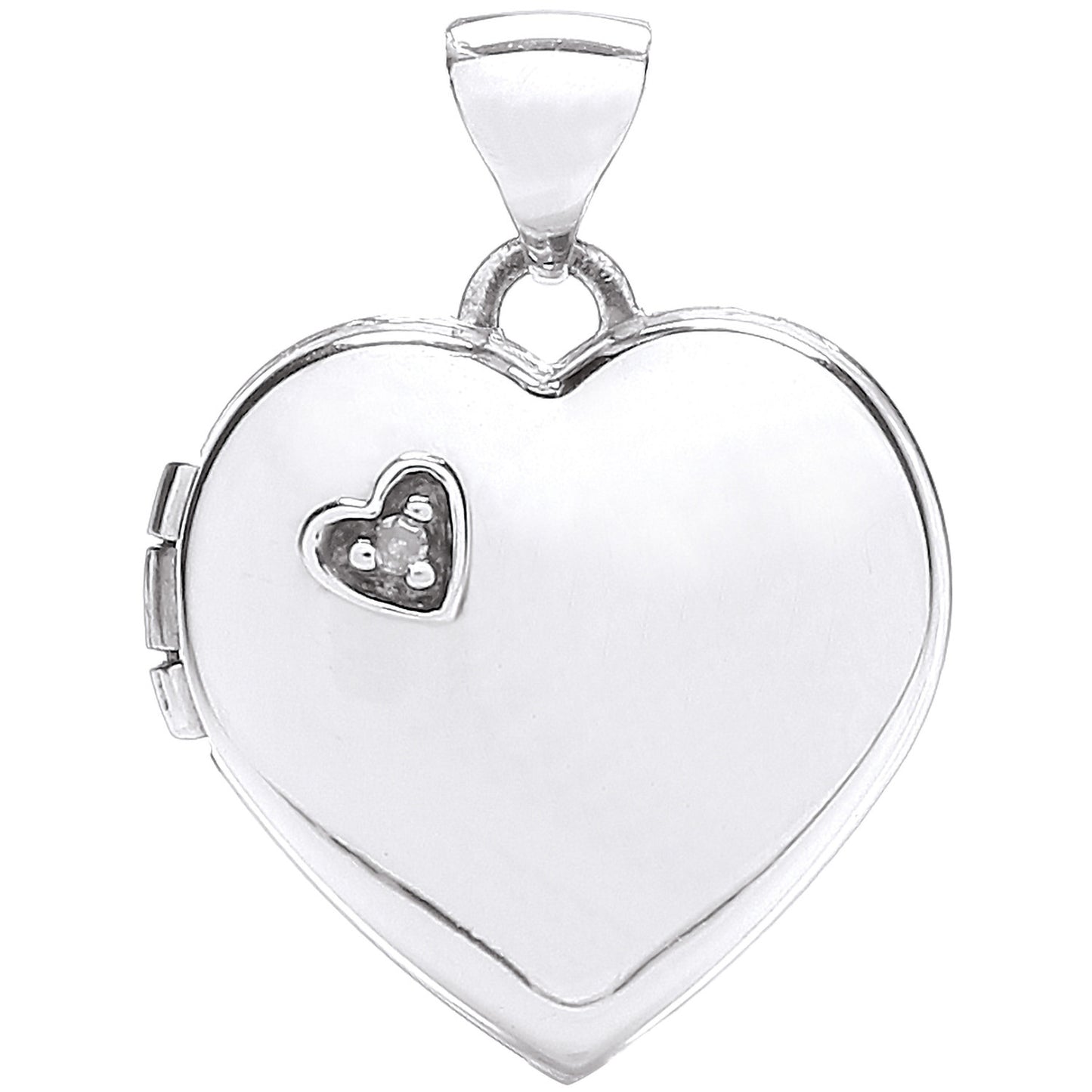 Elegant white gold heart locket with a small heart detail, perfect for cherished memories