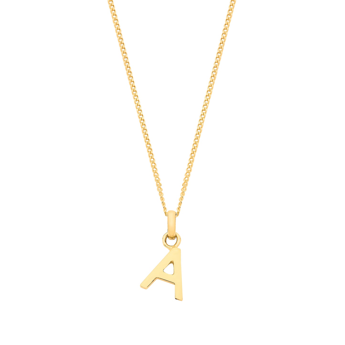 9ct gold initial pendant featuring a stylish A charm on a delicate chain