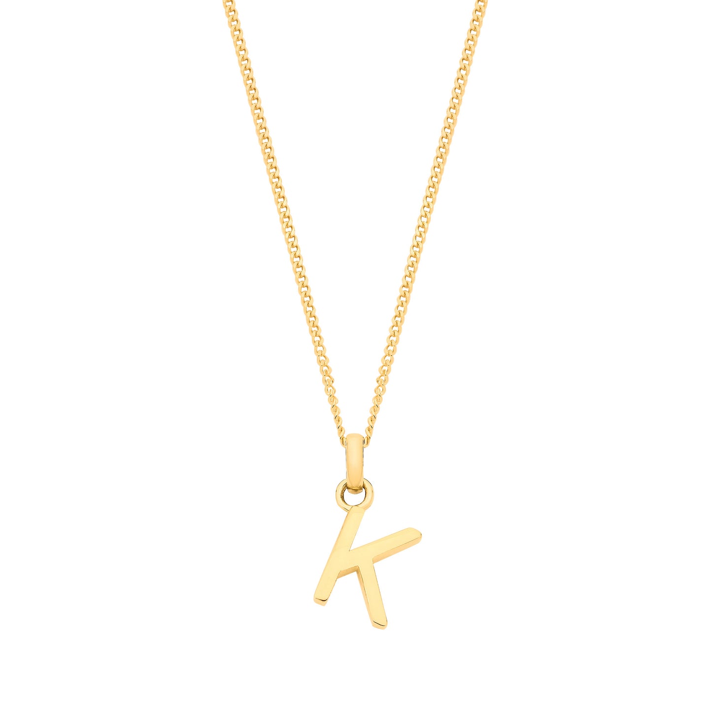 Stylish 9ct gold initial pendant featuring a classic 'K' design on a delicate chain