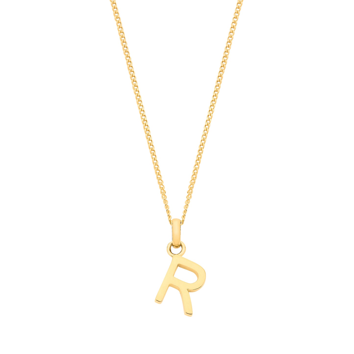 9ct gold initial pendant featuring a polished letter R on a fine chain necklace