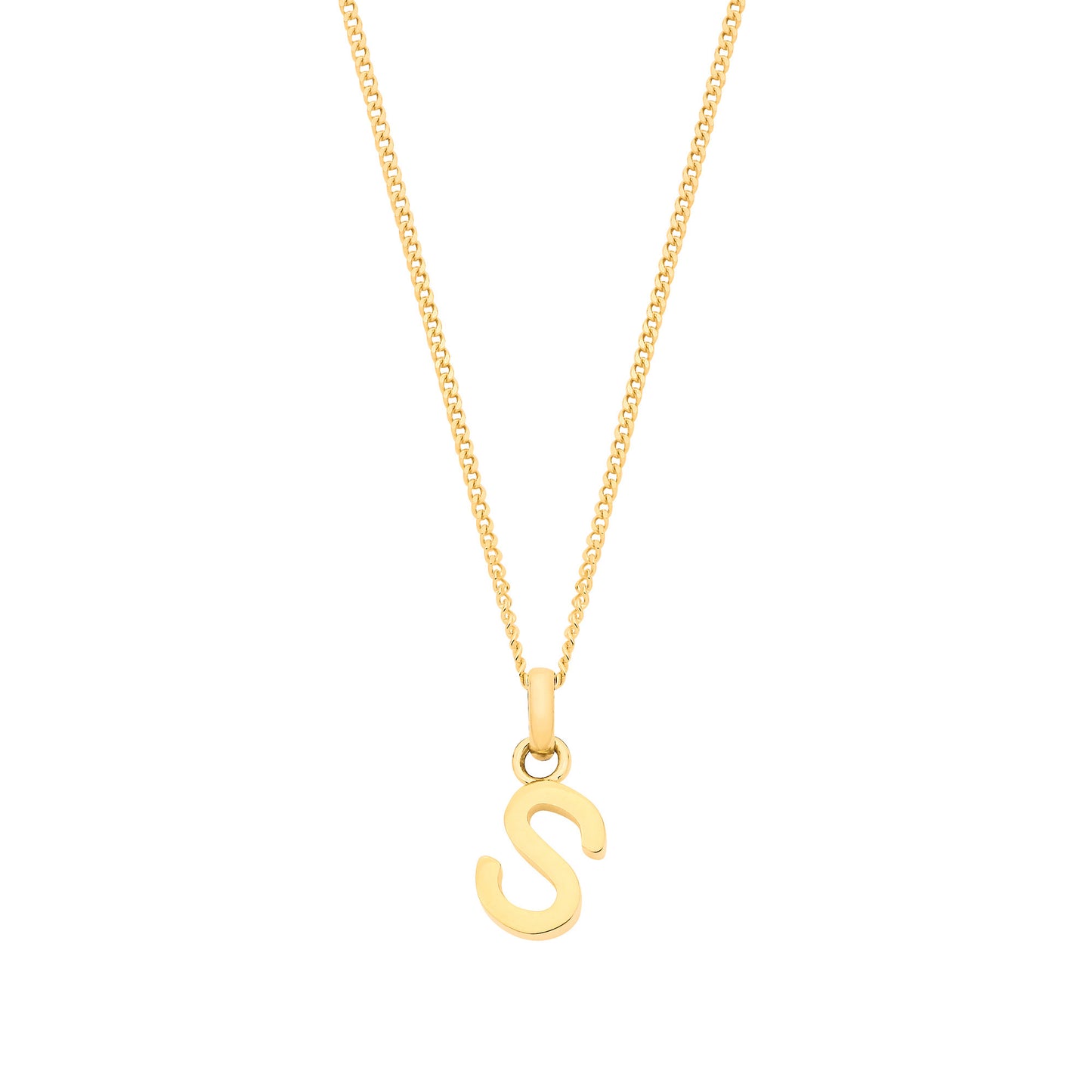 Elegant 9ct gold initial pendant featuring a stylish letter S on a delicate chain