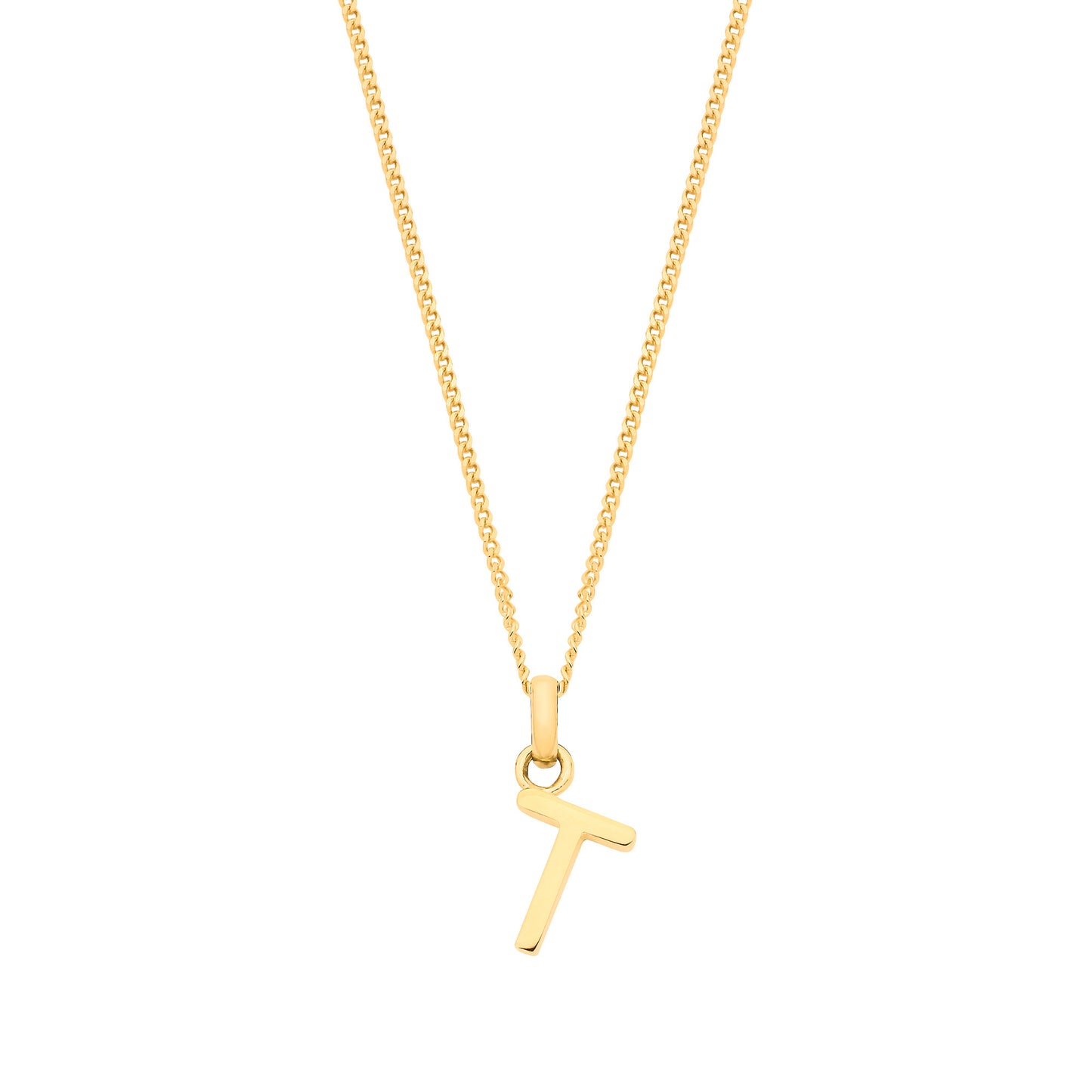 9ct gold initial pendant featuring a stylish letter T on a delicate chain