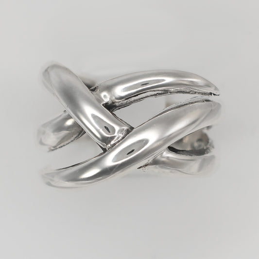 Stylish Weave design ring size Q in polished silver with an intricate braided pattern