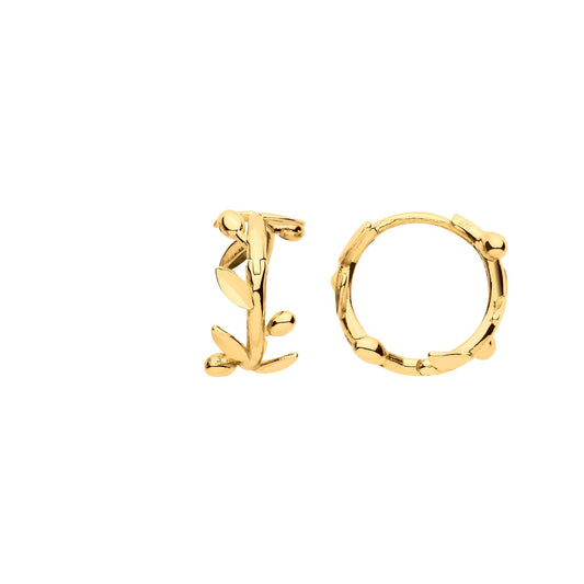 9ct Gold Leaf with Olives Huggies Earrings