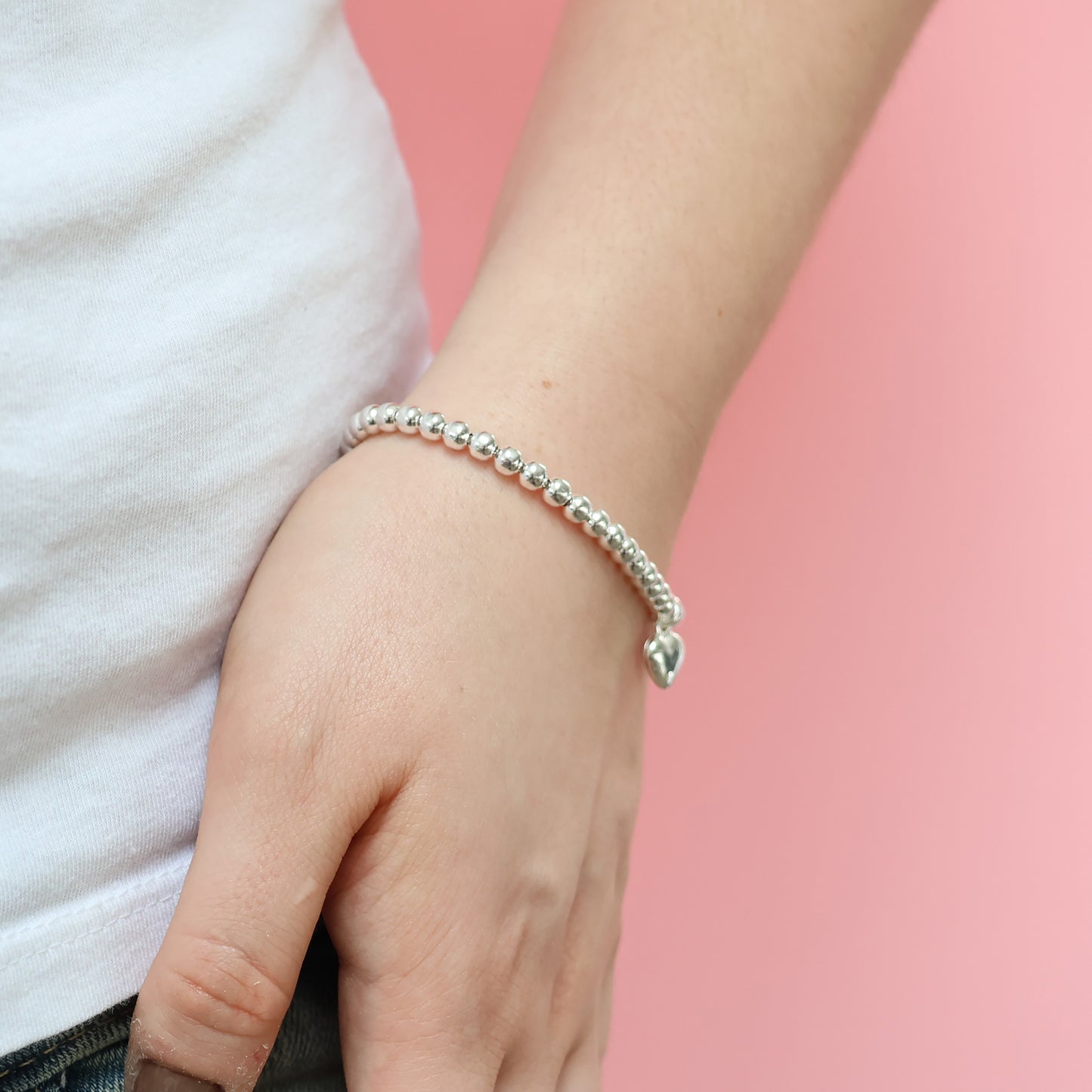 Silver Bead Bracelet with Heart Charm