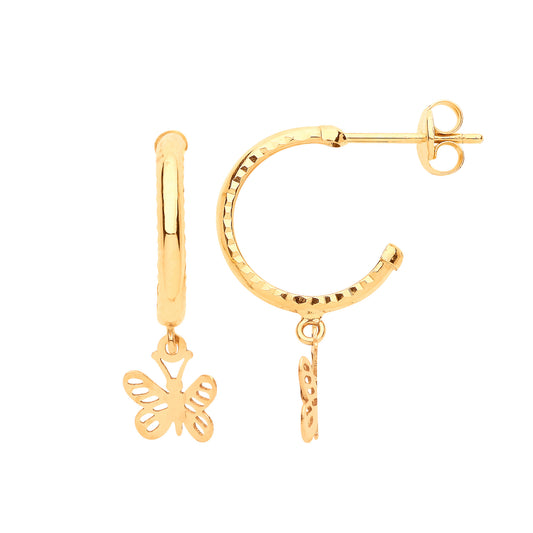 9ct Gold Diamond Cut Hoop Studs with Butterfly Drop