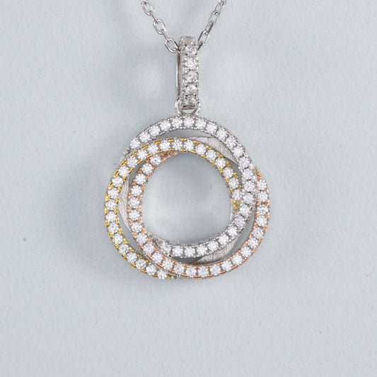 Eternal Trinity Necklace with Cubic Zirconia featuring interlocking rings in silver, gold, and rose gold