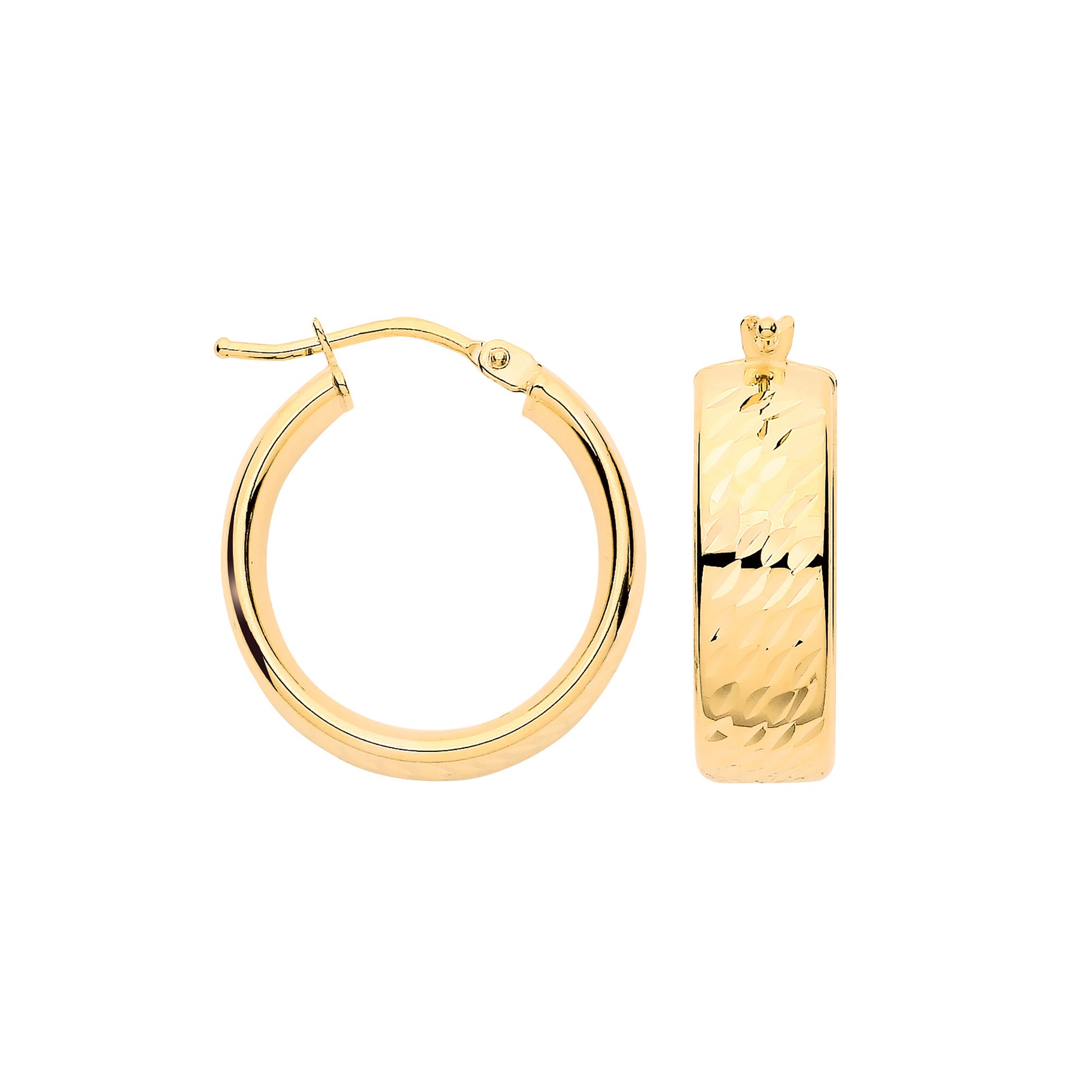 Stylish 15mm wide hoop earrings in gold with a textured design for everyday wear