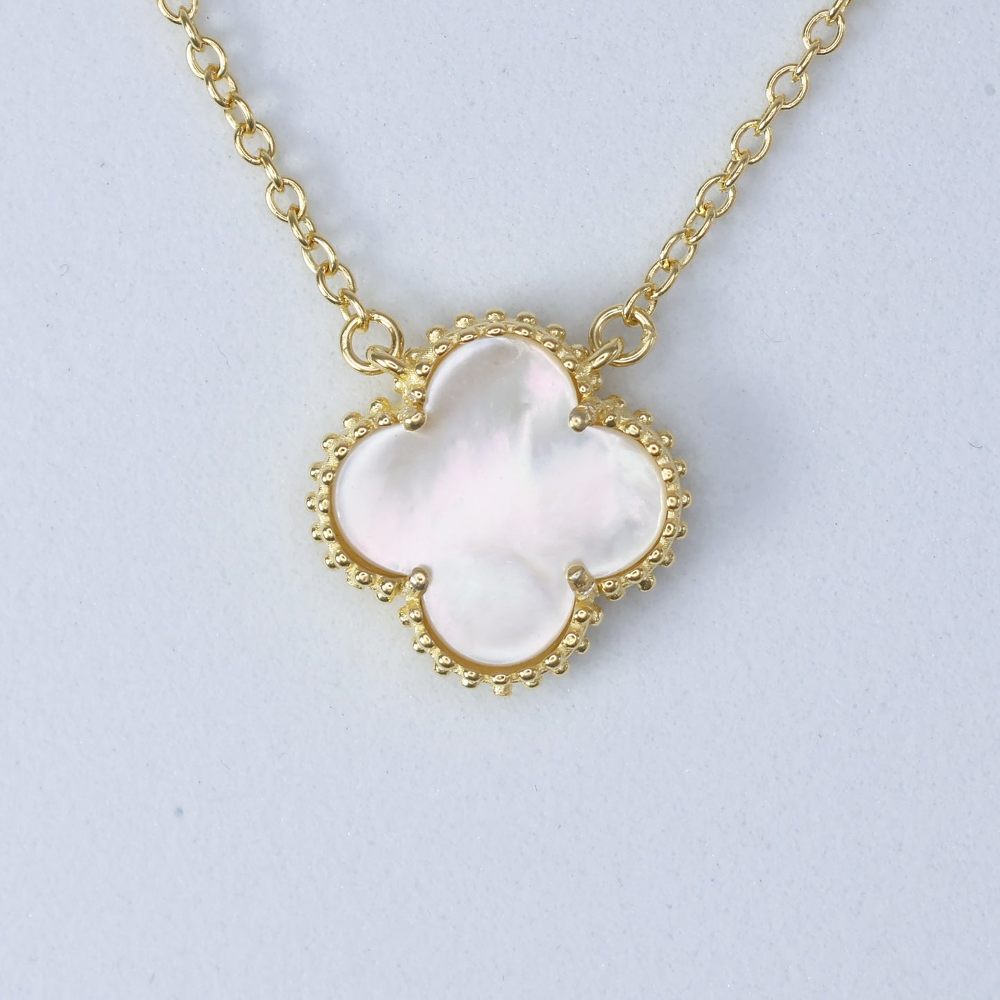 Elegant Mother of Pearl Clover Necklace with a delicate gold chain for a stylish look