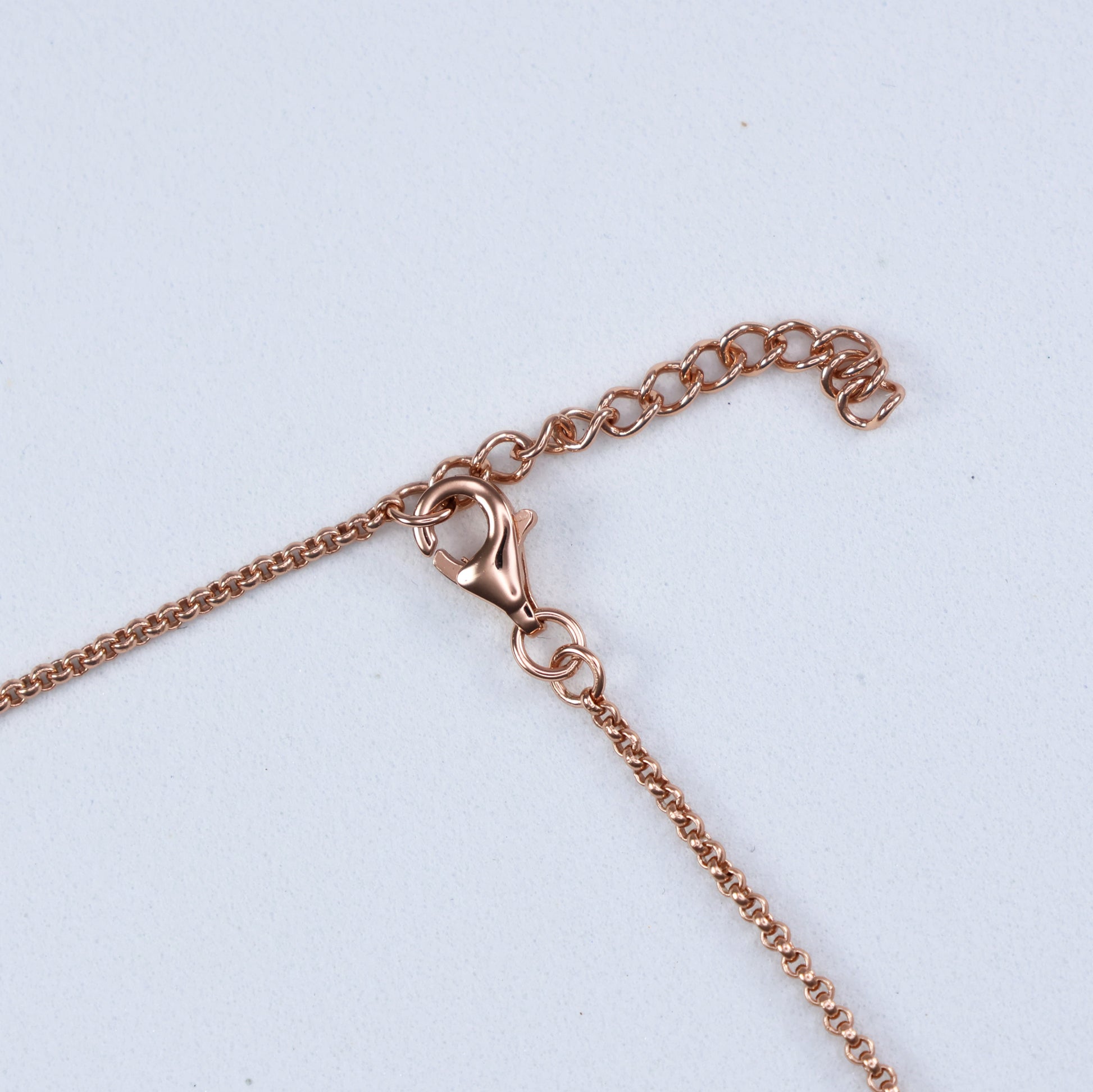 Close-up of a rose gold double hoop pendant necklace clasp and chain detailing