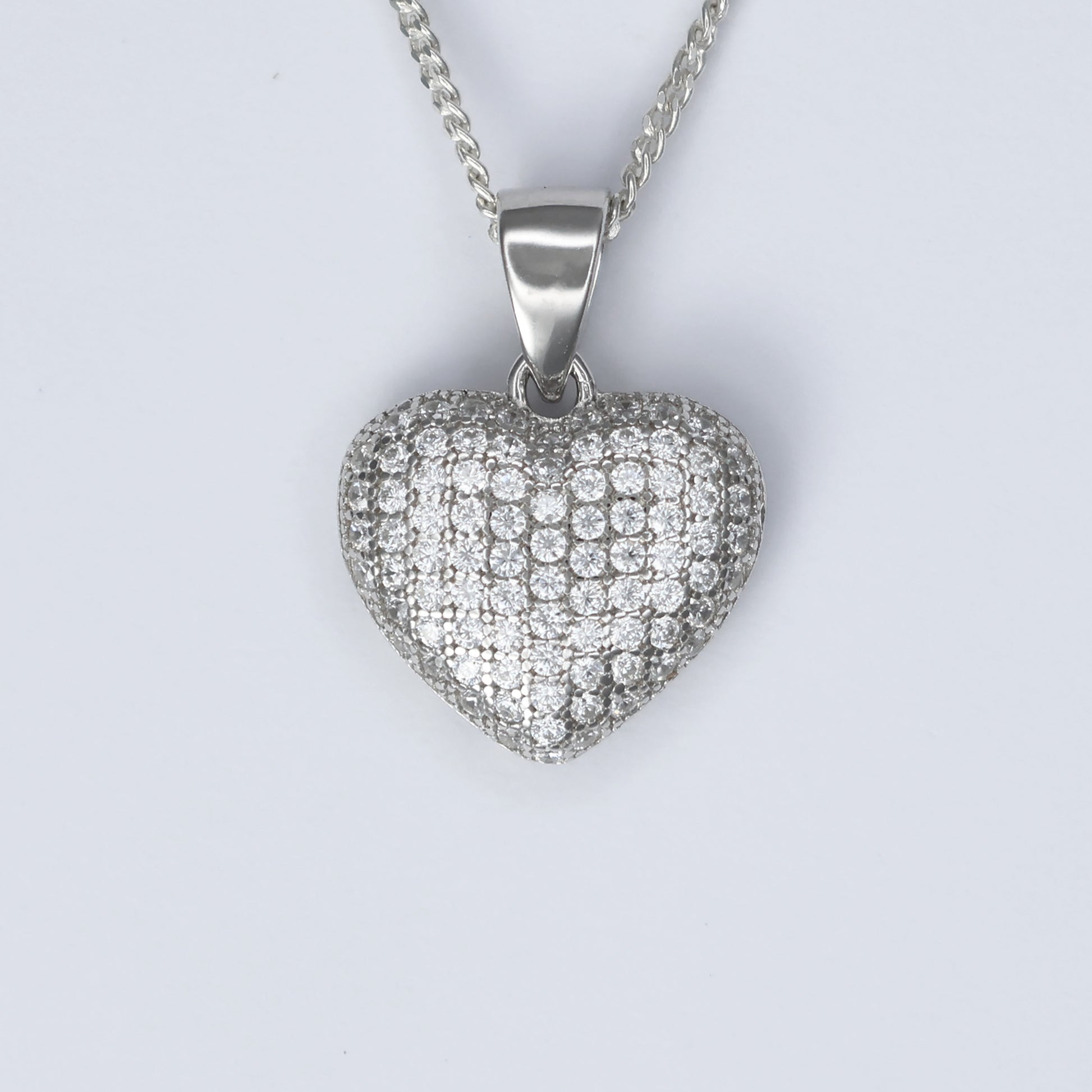 Silver Heart Pendant Necklace with a Sparkling Micro-Pave Design on a Delicate Chain