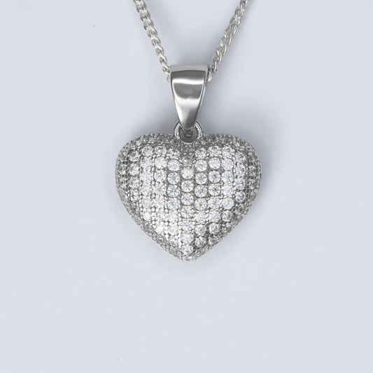 Silver Heart Pendant Necklace with a Sparkling Micro-Pave Design on a Delicate Chain